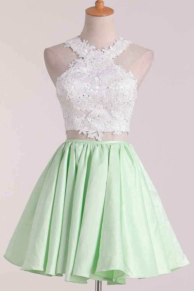 a line satin lace applique two piece scoop short prom homecoming dress