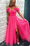 Off-Shoulder Tulle Fuchsia Prom Dresses with Split, Long Formal Dresses MG271