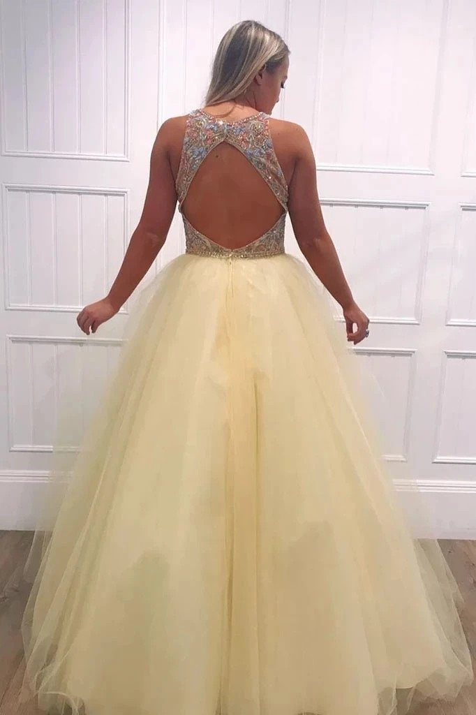 A-line tulle beading v neck long prom dresses keyhole evening dress mg275