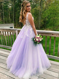 A line v neck lilac long prom dresses, appliques long formal gowns mg270