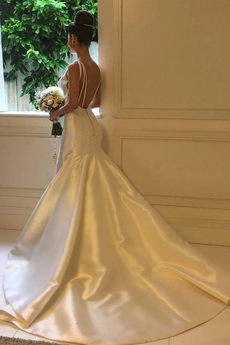 Round neck backless simple satin mermaid wedding dresses gw696