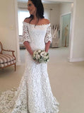 Half sleeve lace wedding dresses off shoulder mermaid bridal gown mg688