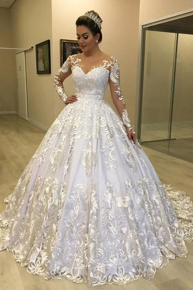 Princess Lace Appliques Ball Gown Long Sleeves Wedding Dresses PW15