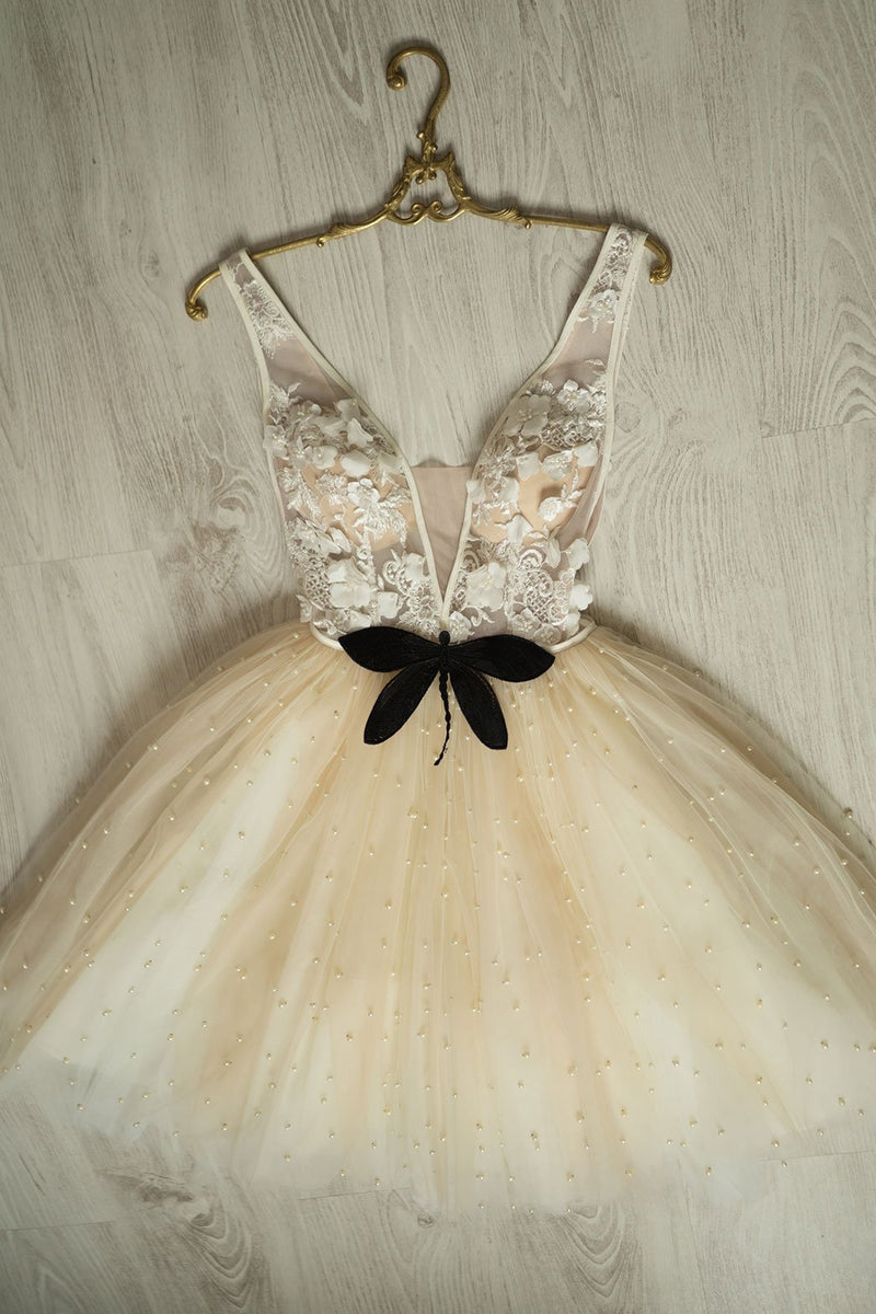 cute homecoming dress tulle beads lace short prom dress with bowknot