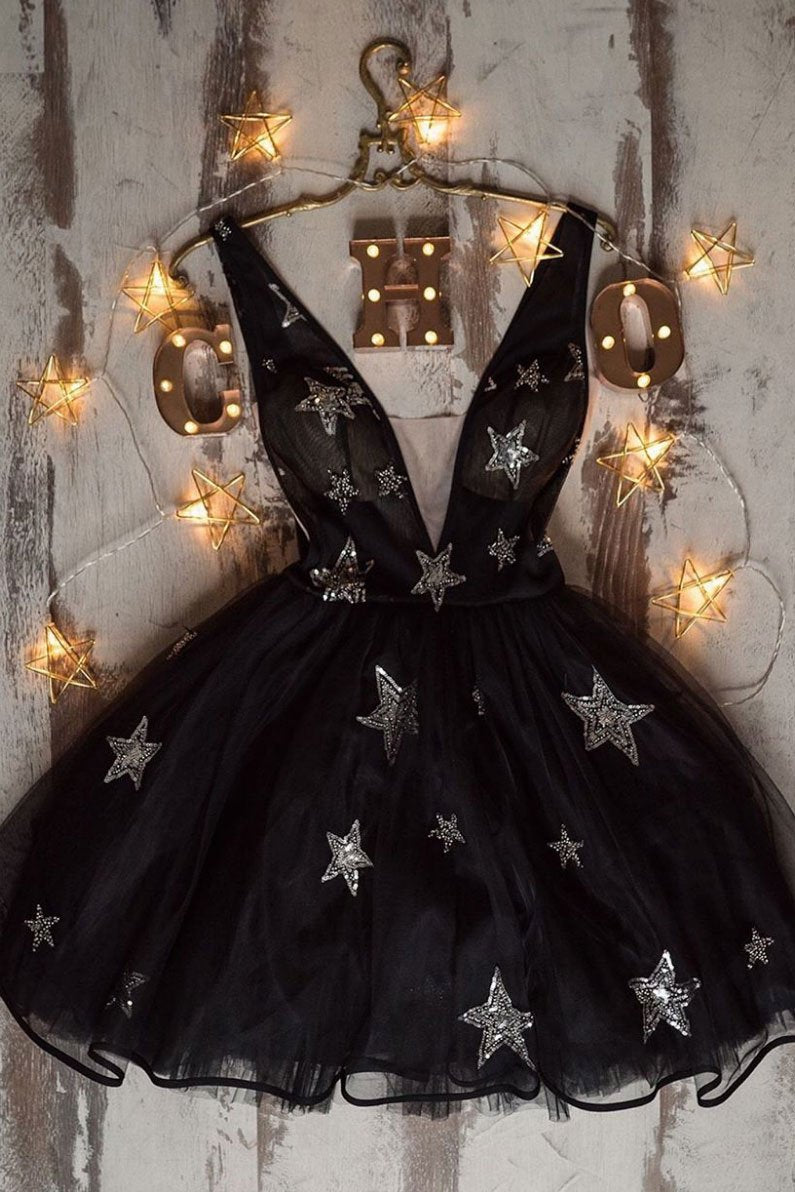 sweet black v neck tulle short prom dress stars homecoming dress