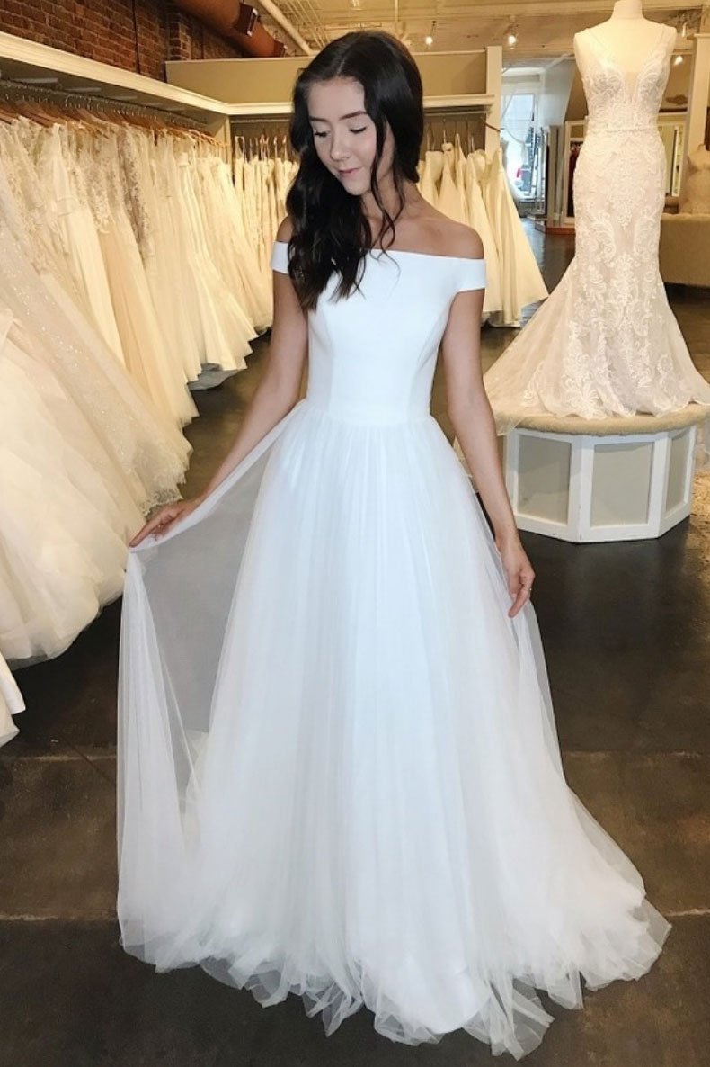 off shoulder simple long prom dress white tulle formal dress