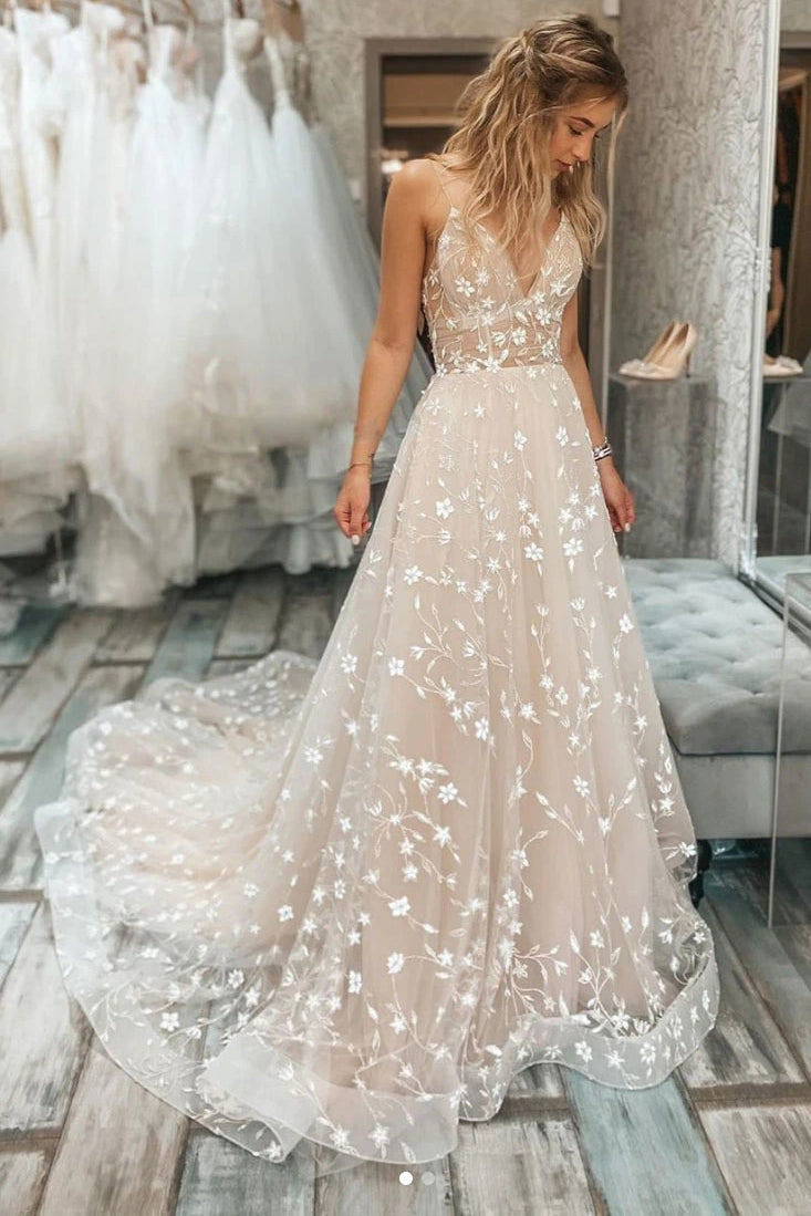 a line v neck sleeveless tulle appliques lace wedding dress with train