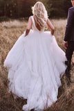 Elegant round neck v-back tulle ivory wedding dresses with bowknot mg665
