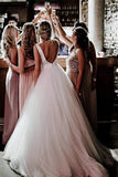 Elegant round neck v-back tulle ivory wedding dresses with bowknot mg665