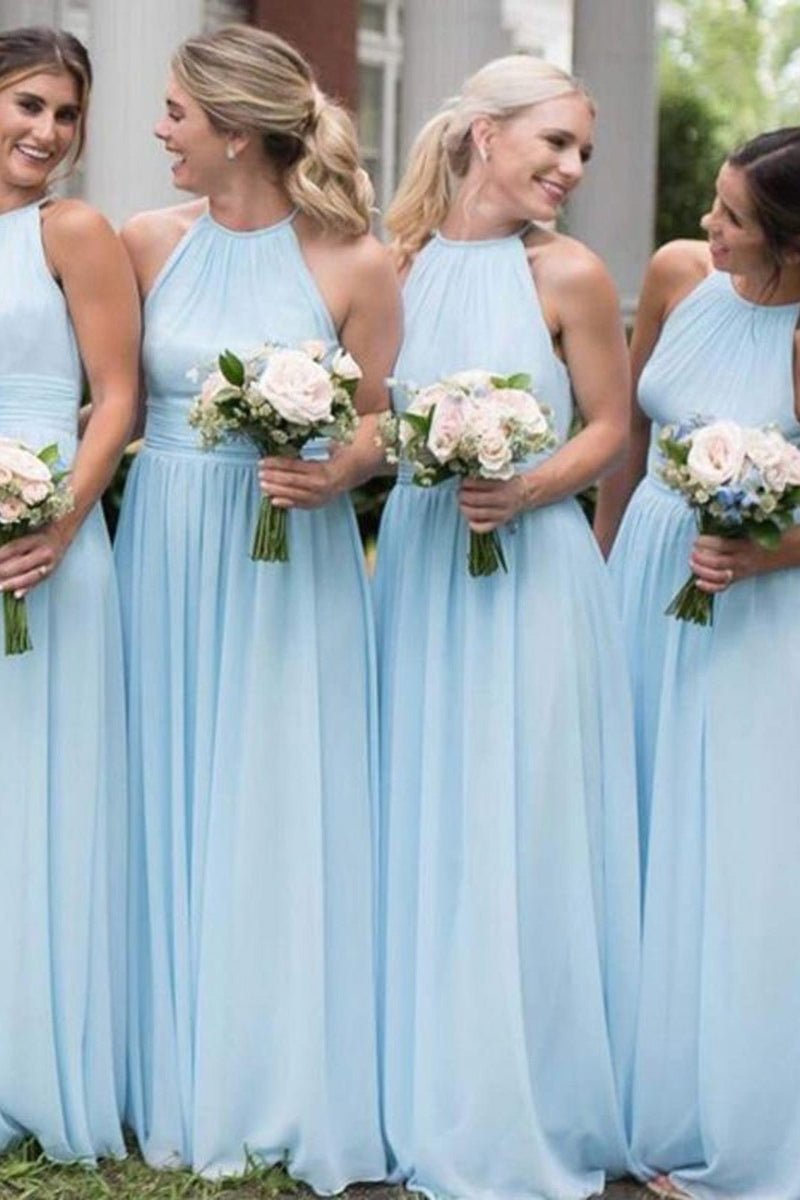 Chiffon Halter Light Sky Blue Simple Long Bridesmaid Dresses GB398
