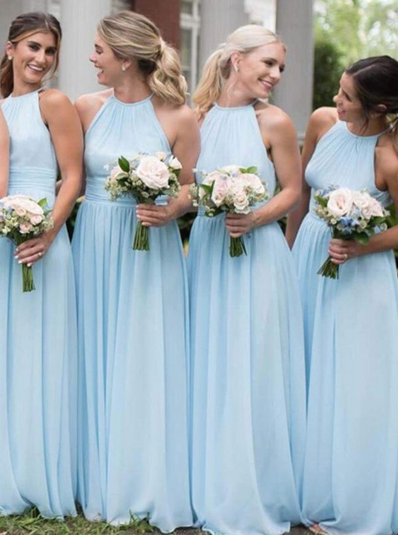 Chiffon Halter Light Sky Blue Simple Long Bridesmaid Dresses GB398