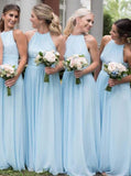Chiffon Halter Light Sky Blue Simple Long Bridesmaid Dresses GB398