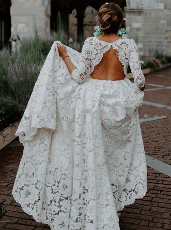 3/4 Sleeves Bohemian Lace Wedding Dresses Keyhole Beach Wedding Dress PW06