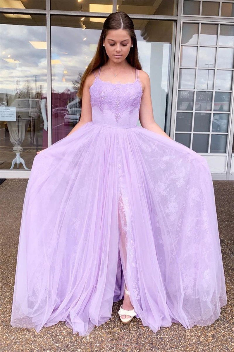 spaghetti straps tulle lilac prom dress backless school dance dress