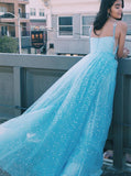 Charming a line spaghetti straps tulle starry night long prom dresses mg269