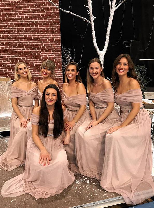 Off-the-shoulder chiffon long bridesmaid dresses with beading gb386