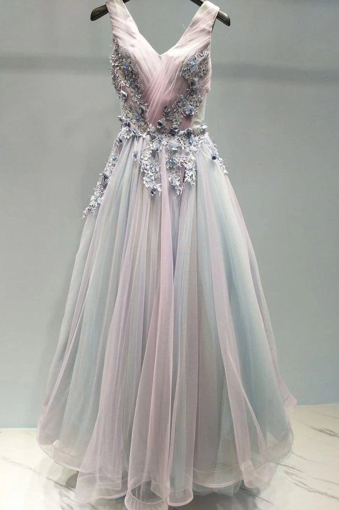A-line v neck lace appliques ombre long prom formal dresses mg124
