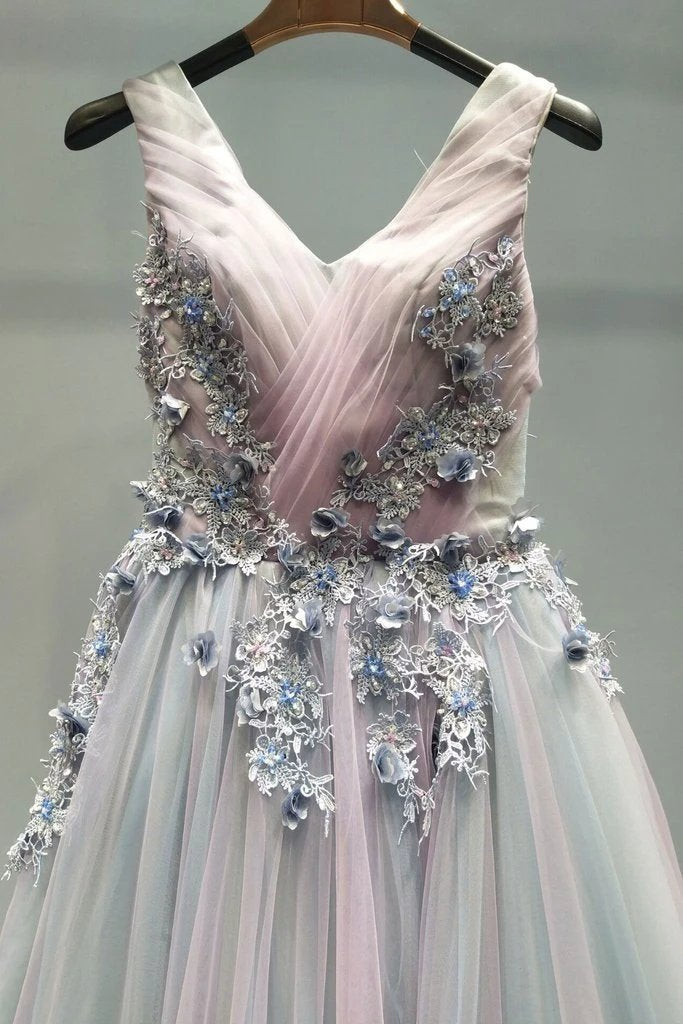 A-line v neck lace appliques ombre long prom formal dresses mg124