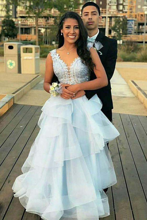 A-line/Princess Sweet 16 Dresses, Sky Blue Ruffles Long Prom Dresses MP49