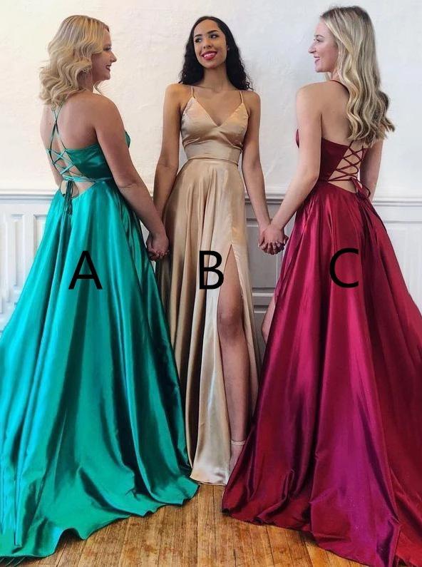 Spaghetti Straps A-line Long Prom Dresses, Sleeveless V-neck Formal Dress MP54