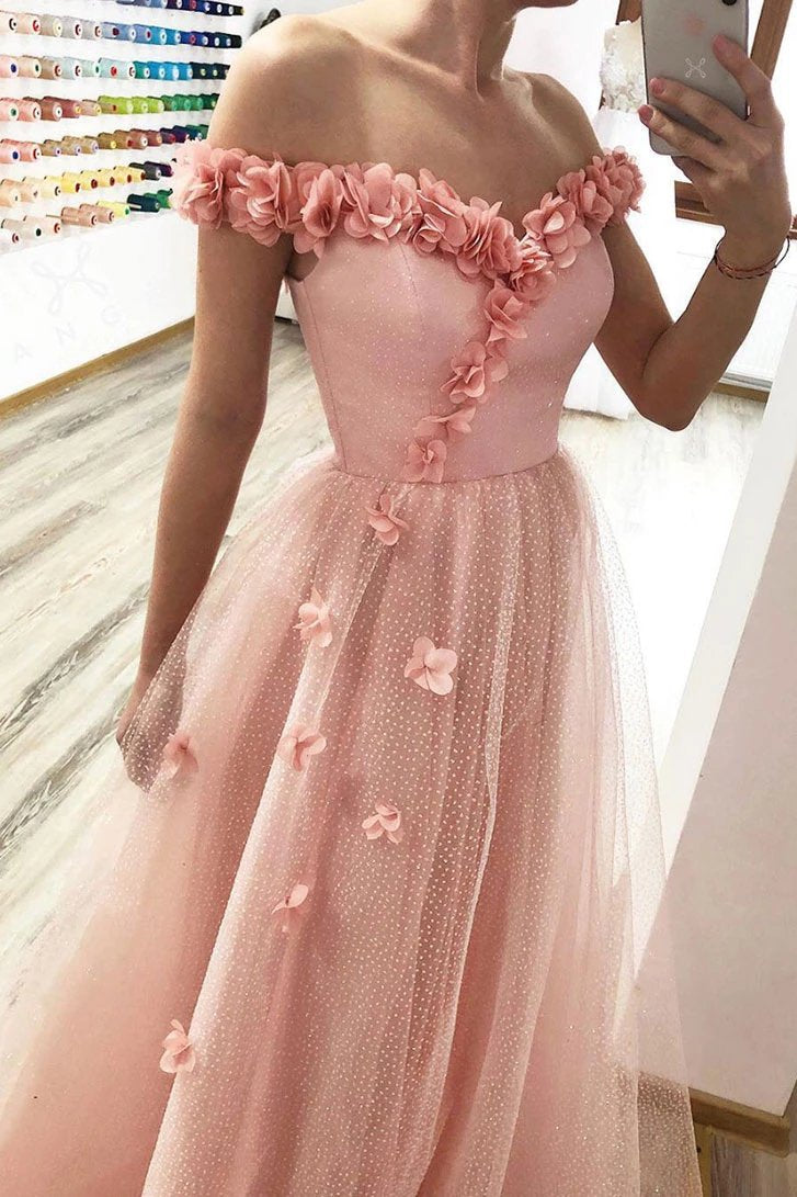 A-line 3D Appliqué Off Shoulder Tulle Glitter Long Prom Dresses MP154