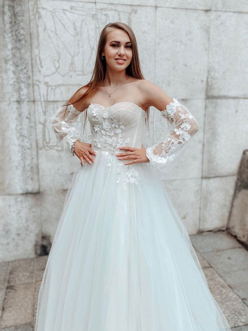 long sleeves white boho tulle wedding dress beach bridal gown with appliques