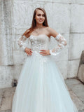 long sleeves white boho tulle wedding dress beach bridal gown with appliques