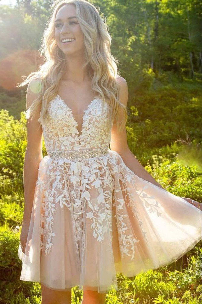chic a line tulle applique short prom dress v back homecoming party dress