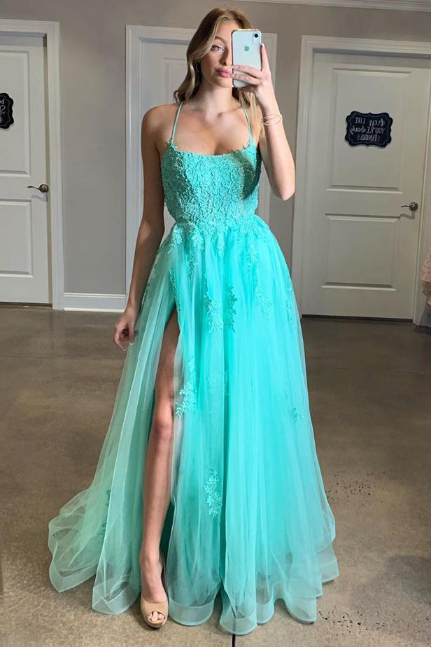 Turquoise spaghetti straps split evening dress appliqued backless long prom dress mg111