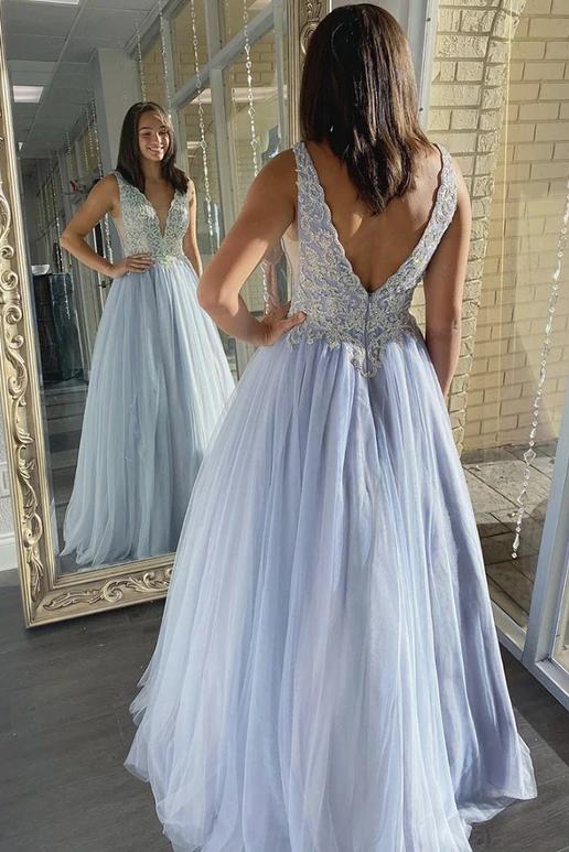 A-line v-neck tulle lace appliques long prom dresses formal dress mg18