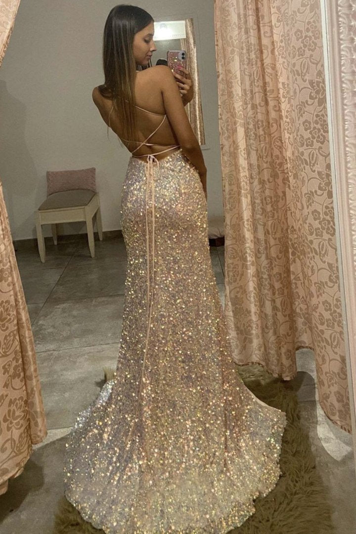 sparkly mermaid sequins long prom dress evening dress with backless