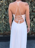 a line v neck embroidered chiffon white long prom dresses with split