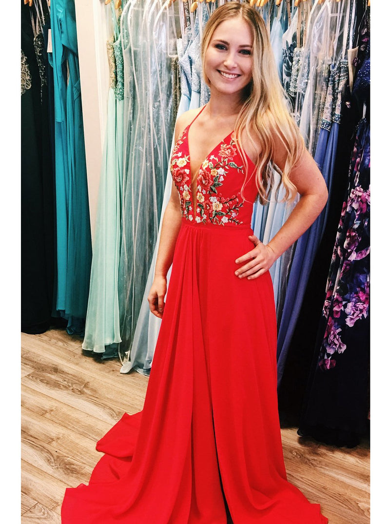 red chiffon long prom dresses embroidered evening party dress