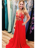 red chiffon long prom dresses embroidered evening party dress