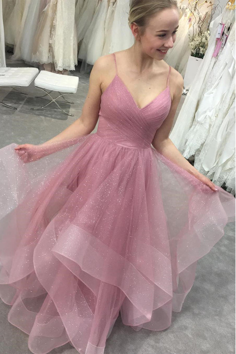 Glitter straps ruffled pink long prom dresses backless formal gown mg116