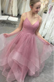 Glitter straps ruffled pink long prom dresses backless formal gown mg116