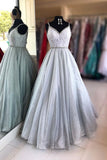 A-Line V-neck Beaded Long Prom Dresses Sleeveless Formal Gown MG117