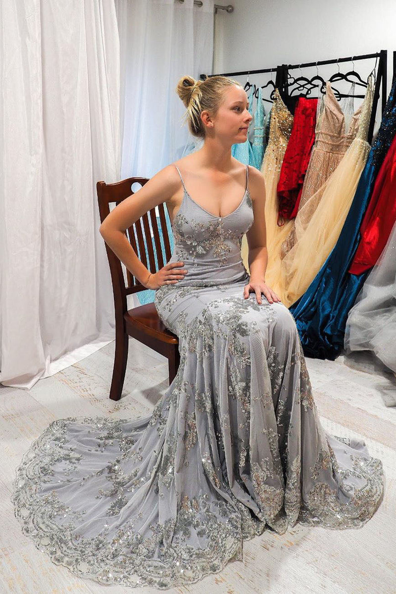 mermaid v neck grey long prom dress with appliques backless evening gown
