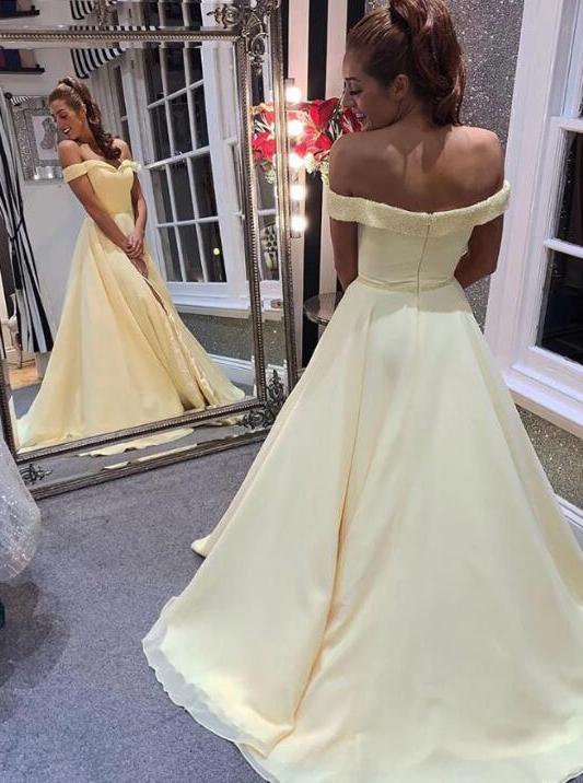 Elegant off shoulder a-line yellow long simple prom dress mg113