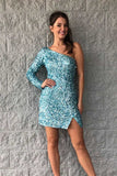 Mint Green Sequins One-shoulder Long Sleeve Party Dress, Sparkly Graduation Dresses GM585