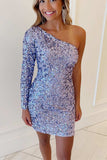 mint green sequins one shoulder long sleeve party dress sparkly graduation dresses