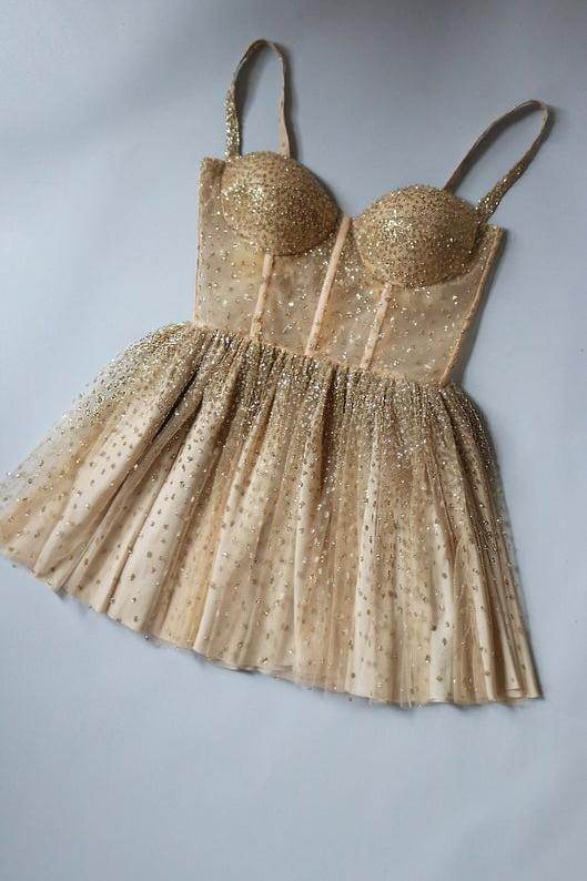 sparkly spaghetti straps gold tulle short homecoming dress with beading