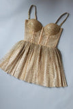 sparkly spaghetti straps gold tulle short homecoming dress with beading