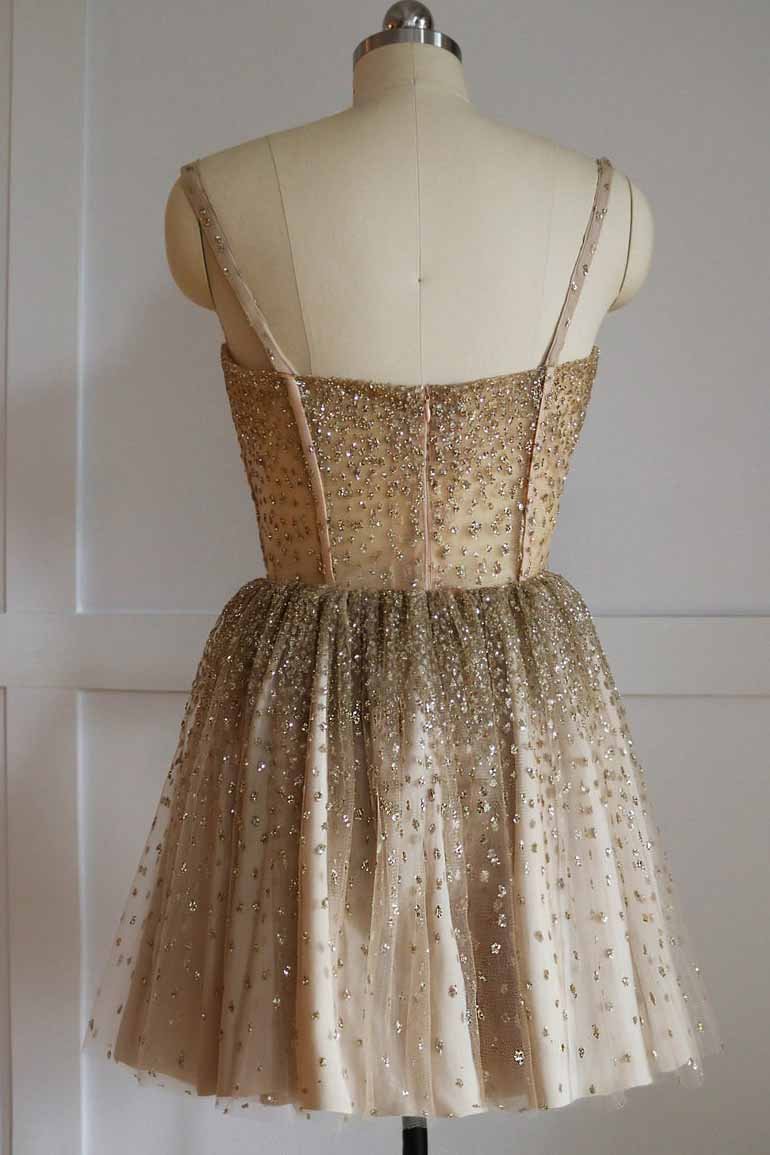 sparkly spaghetti straps gold tulle short homecoming dress with beading