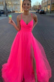 Fluorescent fuchsia spaghetti straps long prom dresses with split mg138