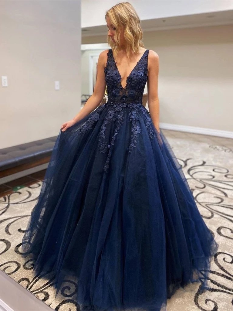 A-line V Neck Beaded Navy Blue Prom Dresses, Navy Blue Long Evening Dresses MG33