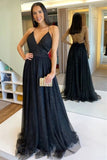 V Neck Backless Black Long Prom Dresses, Shiny Formal Evening Dresses MG31