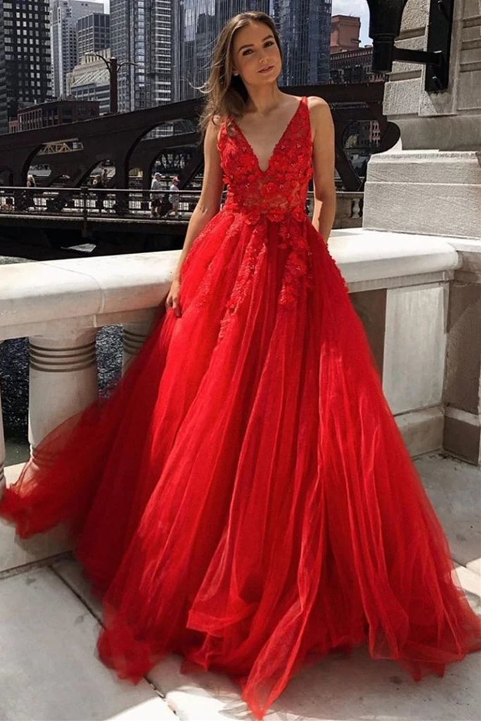 A-line v neck red lace long prom dresses, lace appliques formal dresses, mg30