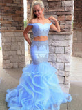 Mermaid Prom Dresses Two-piece Light Blue with Layered Skirt MP08