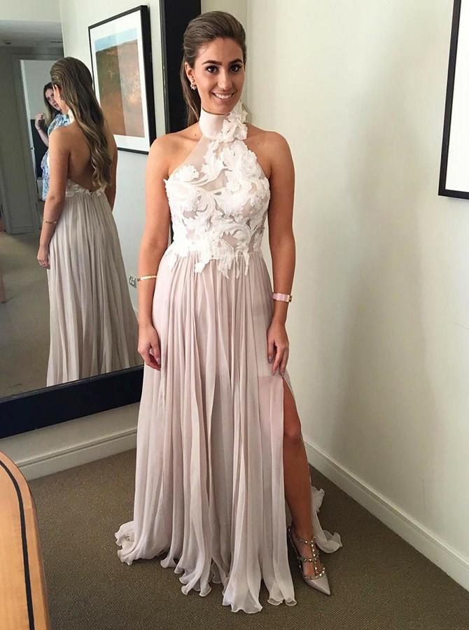 Long Halter Backless Prom Dresses with Appliques, Sexy Evening Party Gown MP32